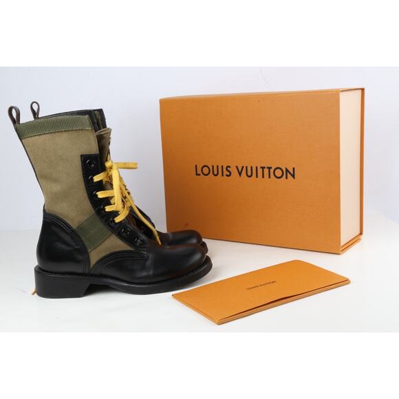 Louis Vuitton 2020 Metropolis Flat Ranger Boots Green Black Lace Up Combat Sz 37 - Picture 14 of 16